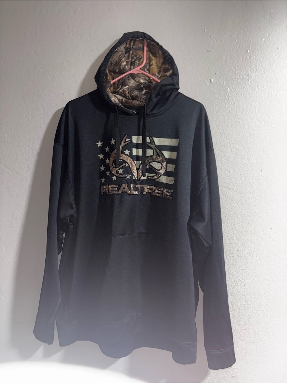 Realtree Black Hoodie with Camo Logo and Hood Lining